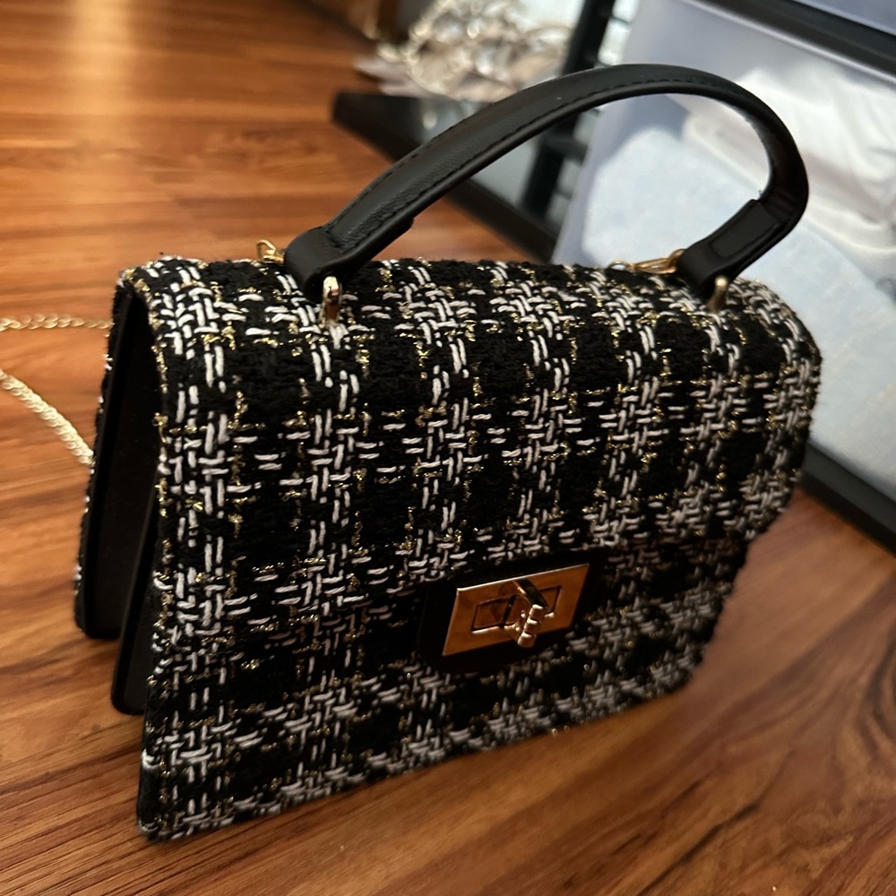 Tweed Black White Shoulder Bag with chain straps